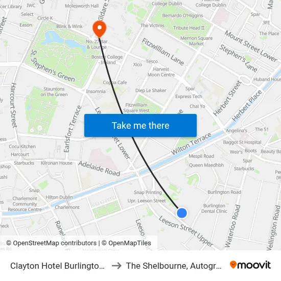 Clayton Hotel Burlington Road Dublin to The Shelbourne, Autograph Collection map