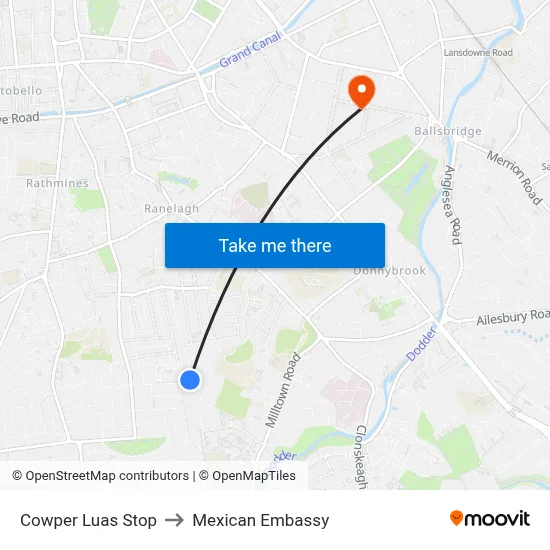 Cowper Luas Stop to Mexican Embassy map