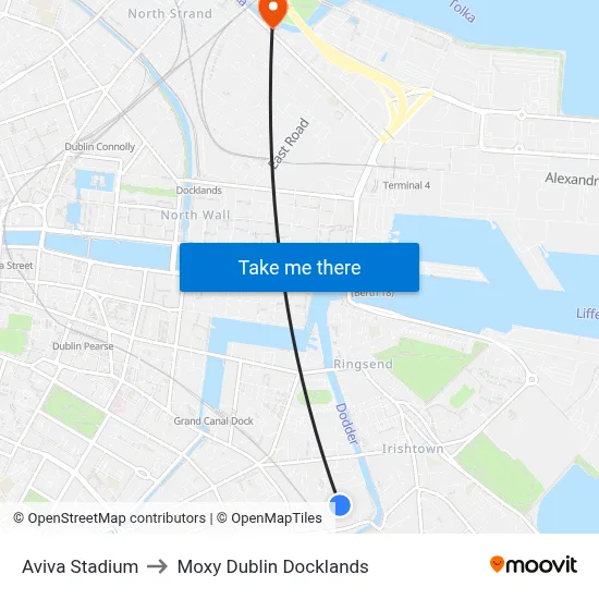 Aviva Stadium to Moxy Dublin Docklands map