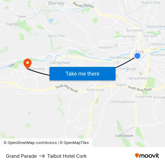 Grand Parade to Talbot Hotel Cork map