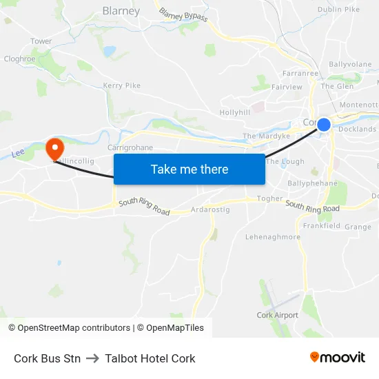 Cork Bus Stn to Talbot Hotel Cork map