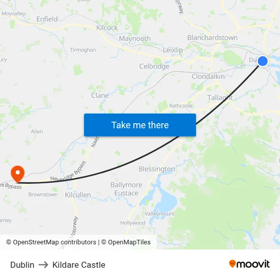 Dublin to Kildare Castle map