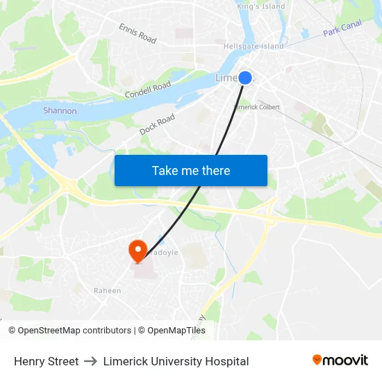 Henry Street to Limerick University Hospital map