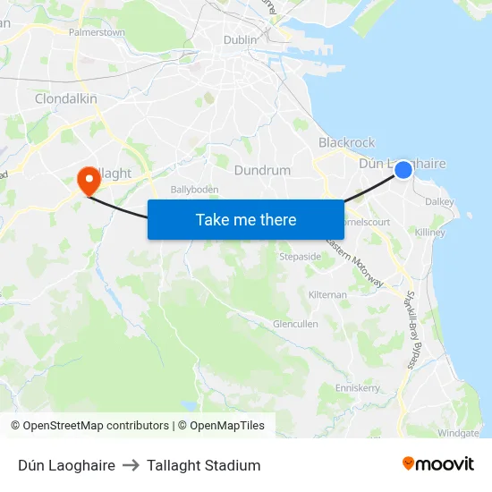 Dún Laoghaire to Tallaght Stadium map