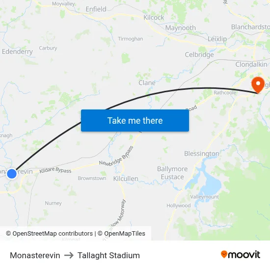 Monasterevin to Tallaght Stadium map