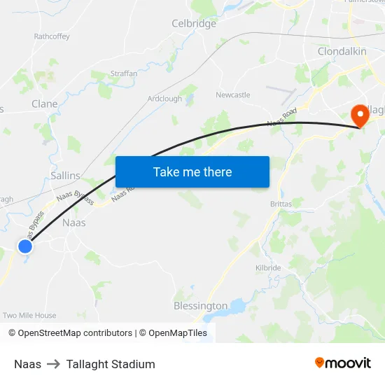 Naas to Tallaght Stadium map
