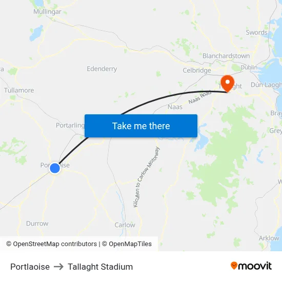 Portlaoise to Tallaght Stadium map