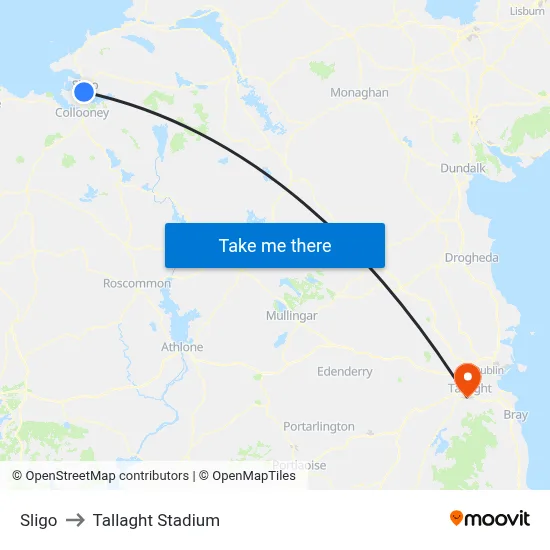 Sligo to Tallaght Stadium map