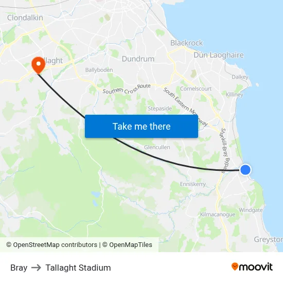Bray to Tallaght Stadium map