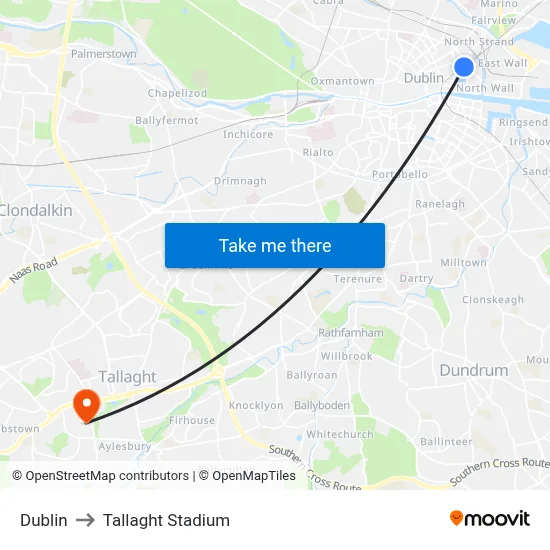 Dublin to Tallaght Stadium map