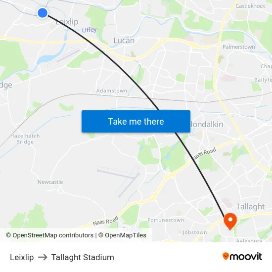 Leixlip to Tallaght Stadium map