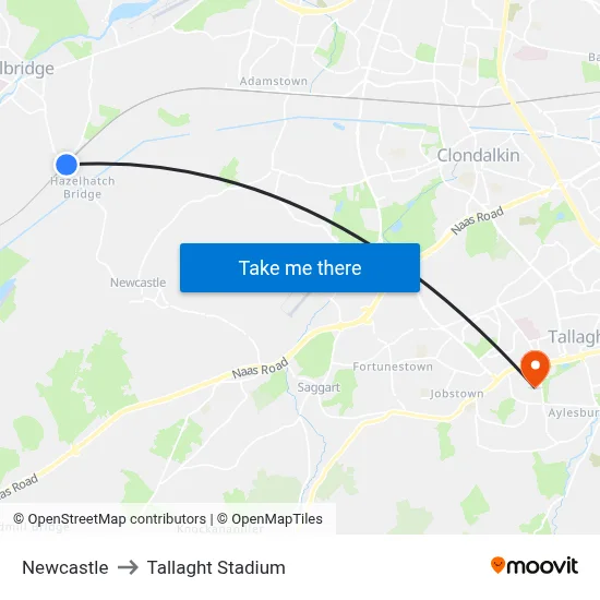 Newcastle to Tallaght Stadium map