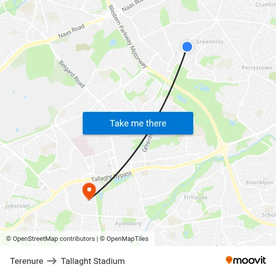 Terenure to Tallaght Stadium map