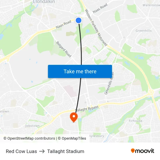 Red Cow Luas to Tallaght Stadium map