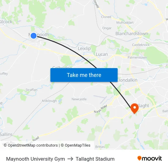Maynooth University Gym to Tallaght Stadium map
