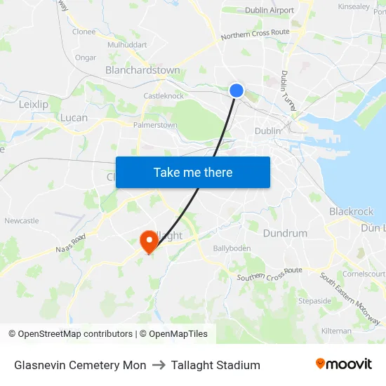 Glasnevin Cemetery Mon to Tallaght Stadium map