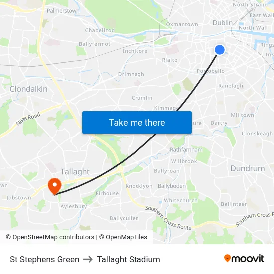 St Stephens Green to Tallaght Stadium map