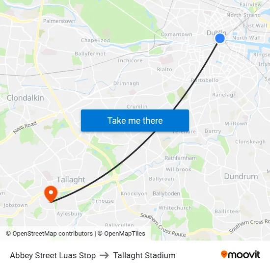 Abbey Street Luas Stop to Tallaght Stadium map