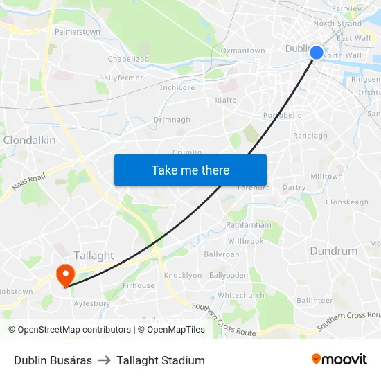 Dublin Busáras to Tallaght Stadium map