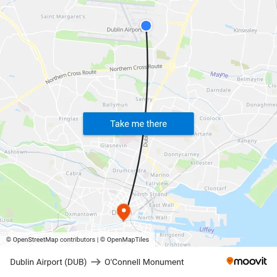 Dublin Airport (DUB) to O'Connell Monument map