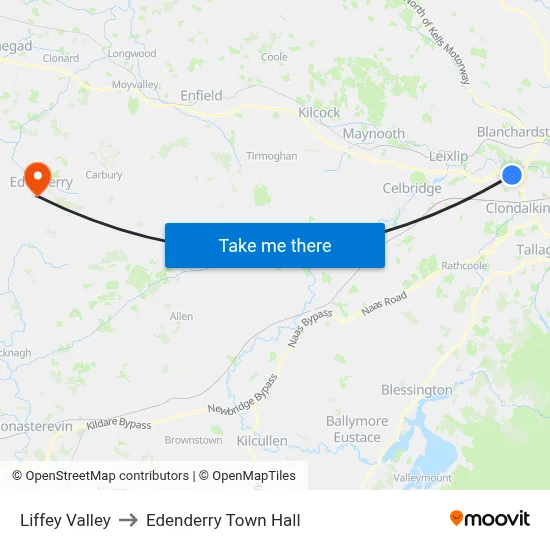 Liffey Valley to Edenderry Town Hall map