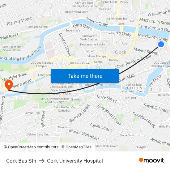 Cork Bus Stn to Cork University Hospital map
