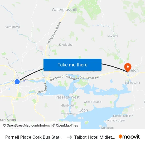 Parnell Place Cork Bus Station to Talbot Hotel Midleton map