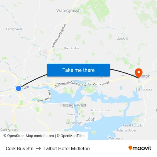 Cork Bus Stn to Talbot Hotel Midleton map
