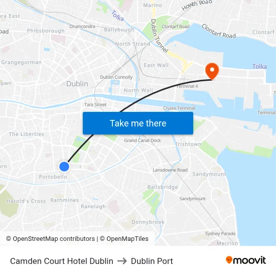 Camden Court Hotel Dublin to Dublin Port map
