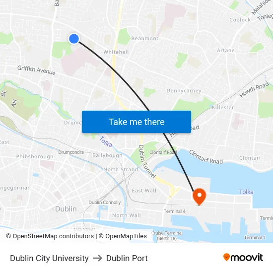 Dublin City University to Dublin Port map