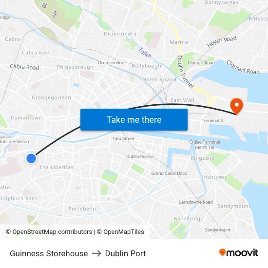 Guinness Storehouse to Dublin Port map
