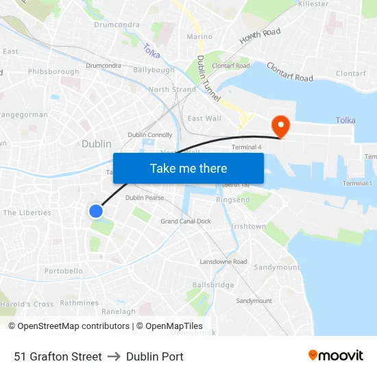 51 Grafton Street to Dublin Port map