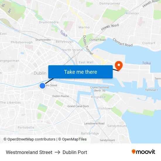 Westmoreland Street to Dublin Port map