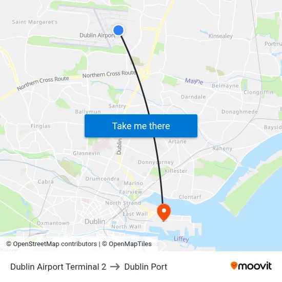 Dublin Airport Terminal 2 to Dublin Port map