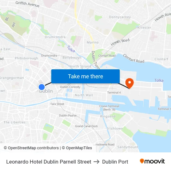 Leonardo Hotel Dublin Parnell Street to Dublin Port map