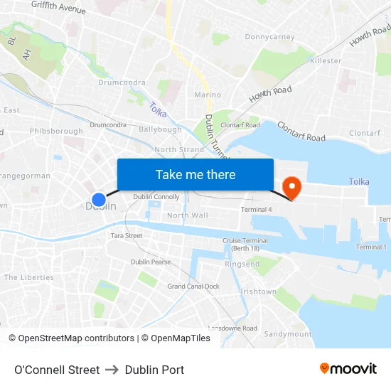 O'Connell Street to Dublin Port map