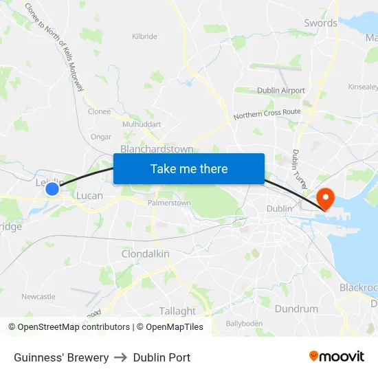 Guinness' Brewery to Dublin Port map