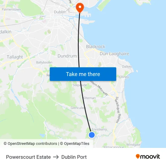 Powerscourt Estate to Dublin Port map