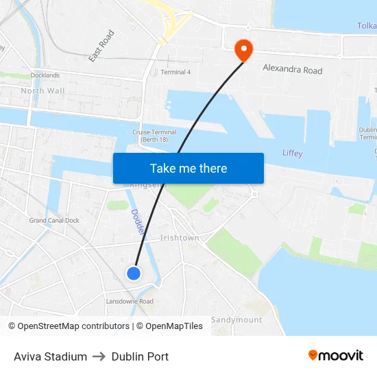 Aviva Stadium to Dublin Port map