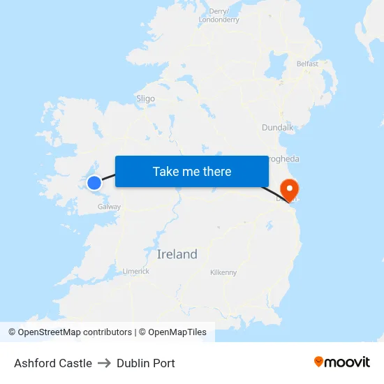Ashford Castle to Dublin Port map