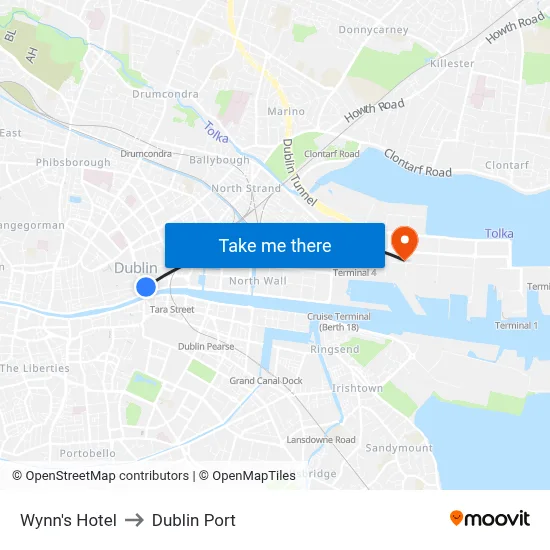 Wynn's Hotel to Dublin Port map