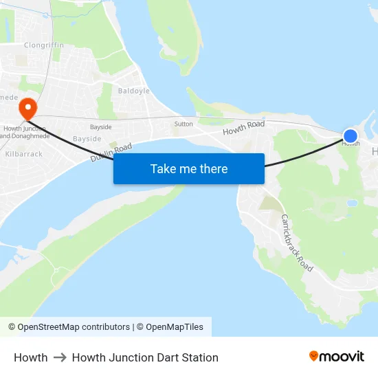 Howth to Howth Junction Dart Station map