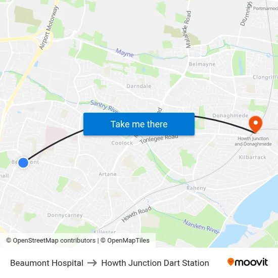 Beaumont Hospital to Howth Junction Dart Station map