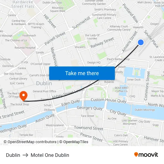 Dublin to Motel One Dublin map
