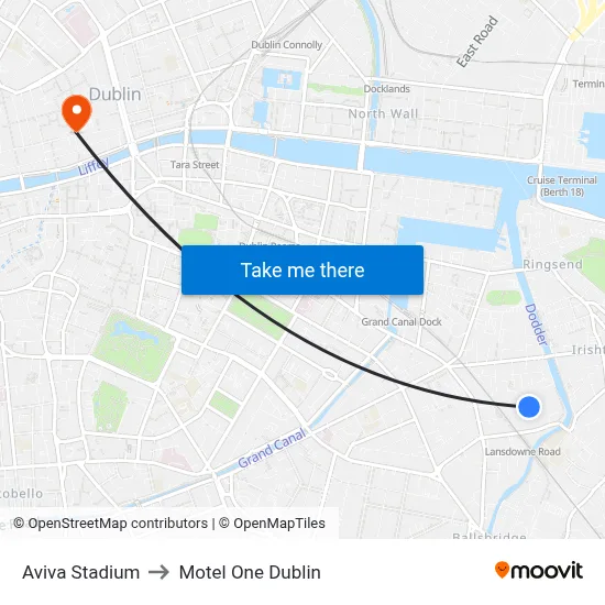 Aviva Stadium to Motel One Dublin map