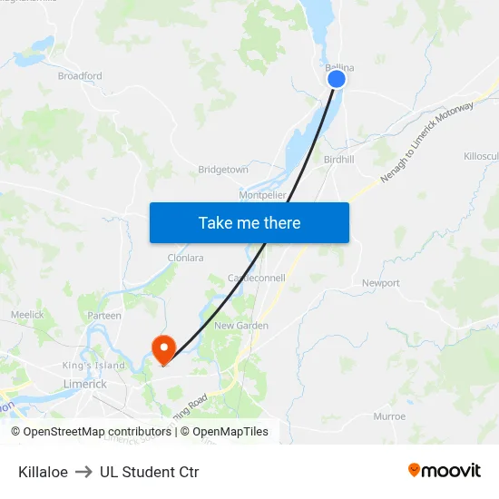 Killaloe to UL Student Ctr map