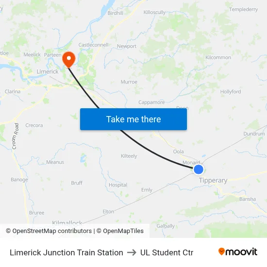 Limerick Junction Train Station to UL Student Ctr map