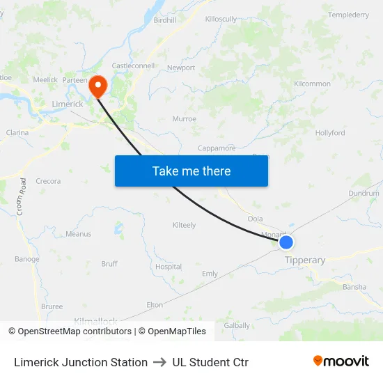 Limerick Junction Station to UL Student Ctr map