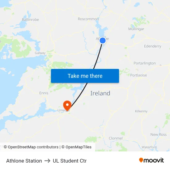 Athlone Station to UL Student Ctr map
