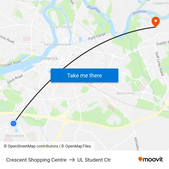 Crescent Shopping Centre to UL Student Ctr map